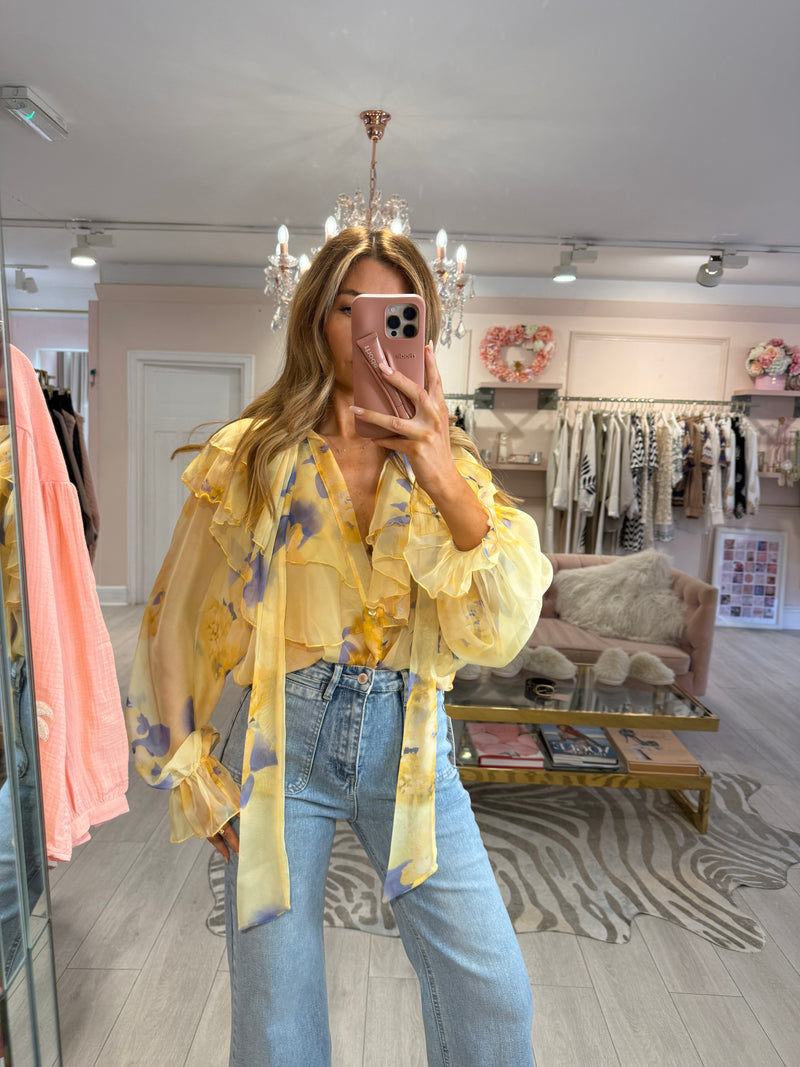 CECILE FLORAL PUSSY BOW BLOUSE LEMON