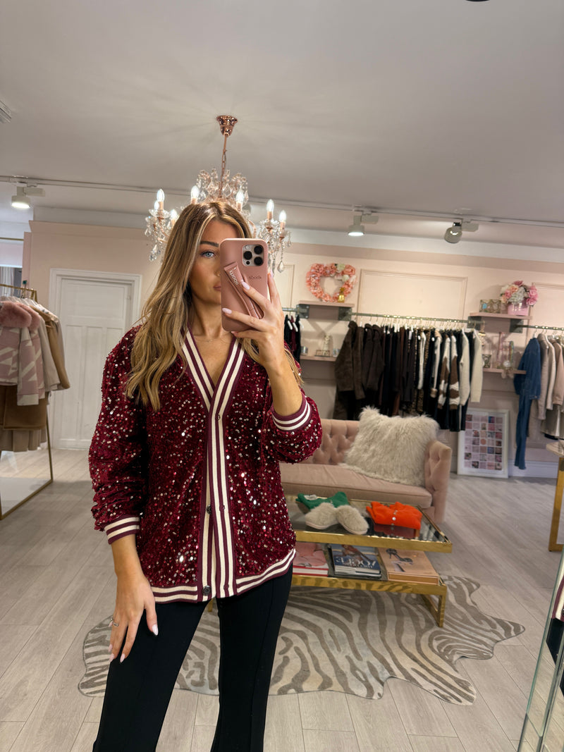 SEQUIN BASEBALL JACKET BURGUNDY