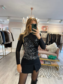 KIRI VELVET MESH SEQUIN TOP BLACK EBA