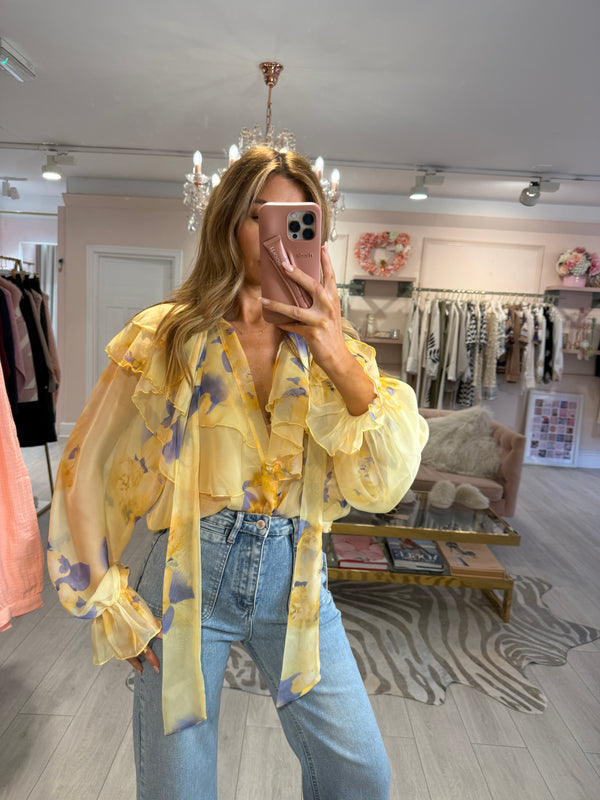 CECILE FLORAL PUSSY BOW BLOUSE LEMON