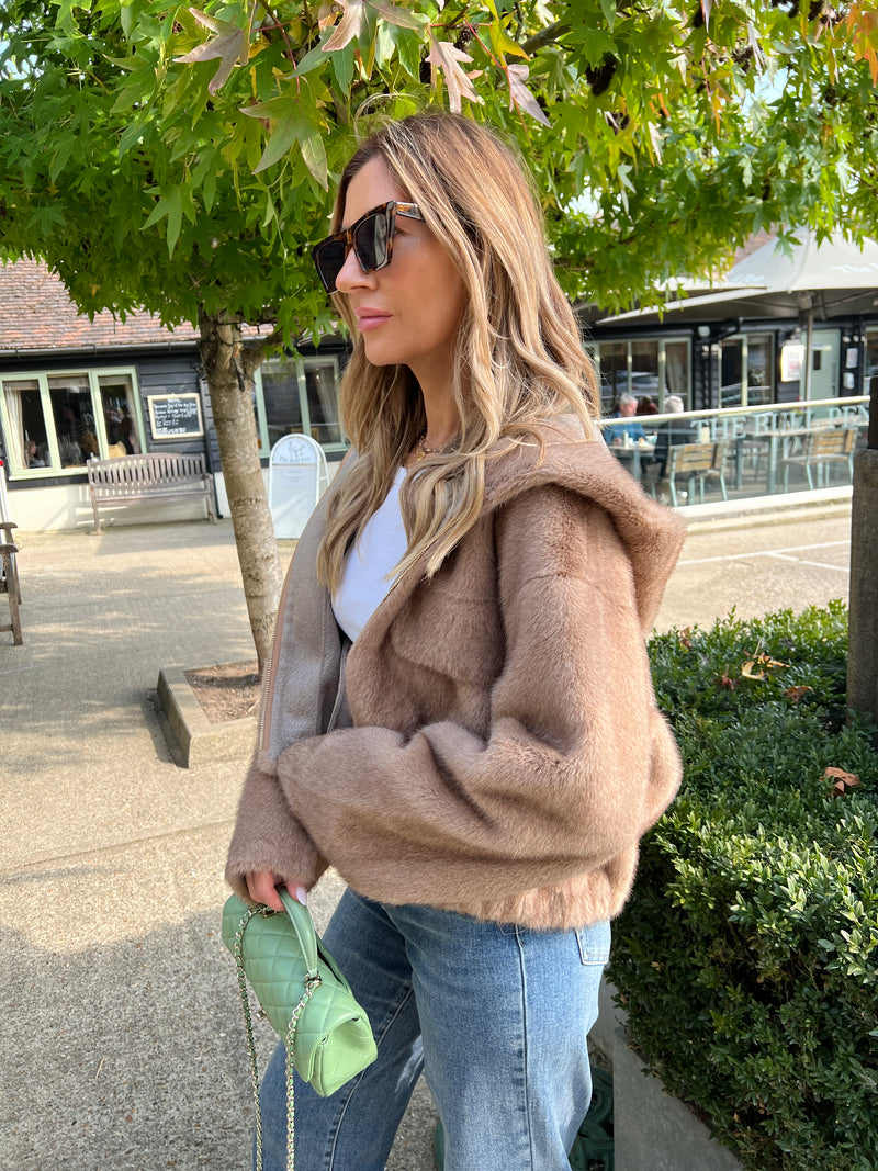 CHAMONIX FAUX FUR HOODED BOMBER TAUPE