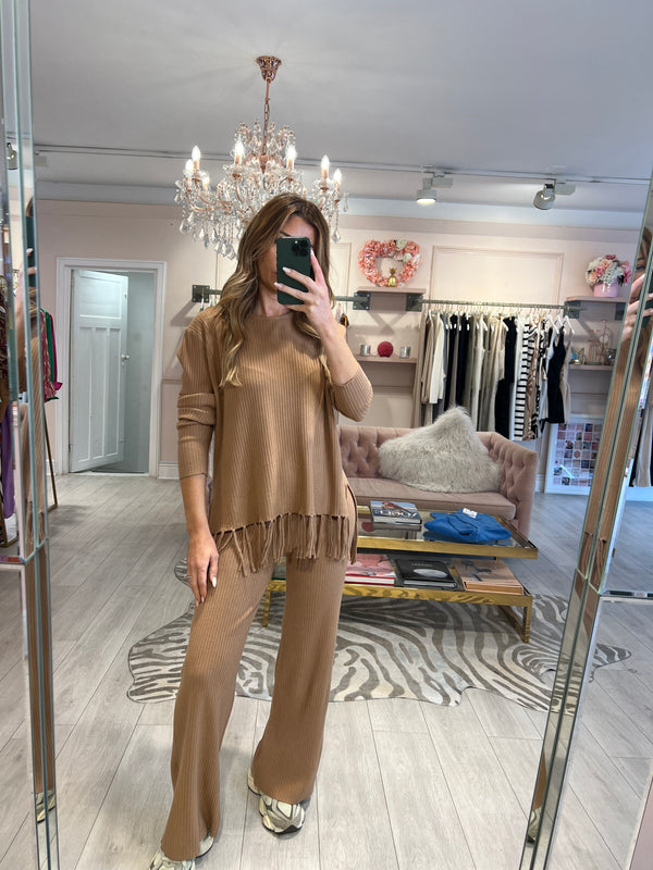 NULA RIBBED FRINGE TROUSER SET CAMEL