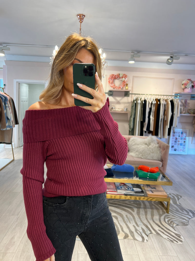 PETRA OFF SHOULDER KNIT TOP BURGUNDY