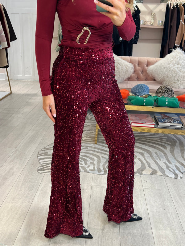 AMARI SEQUIN FLARE TROUSER BURGUNDY