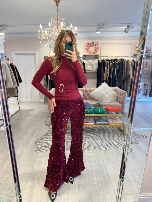 AMARI SEQUIN FLARE TROUSER BURGUNDY