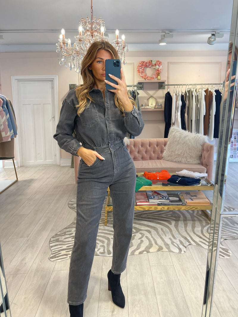 ELIZA LONG SLEEVED GREY DENIM JUMPSUIT