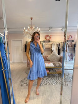 ADELE FRILL HEM LINEN DRESS BLUE