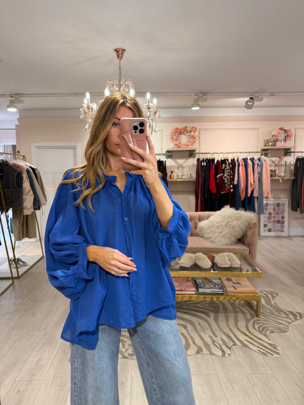 EVIE BALLOON SLEEVE COTTON BLOUSE BLUE