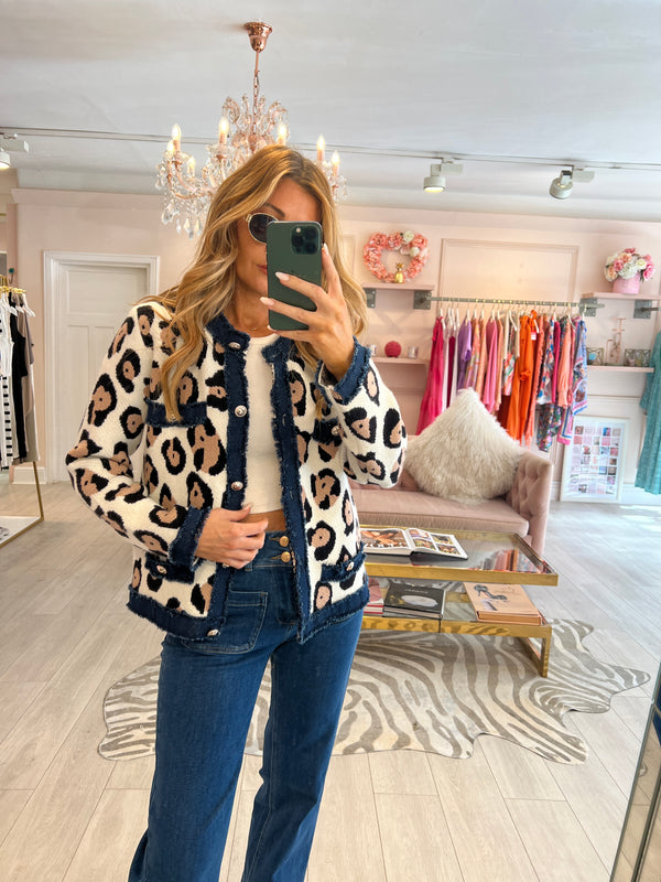 REA LEOPARD PRINT CARDIGAN WITH DENIM TRIM