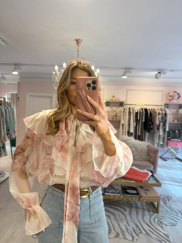 CECILE FLORAL PUSSY BOW BLOUSE WHIT