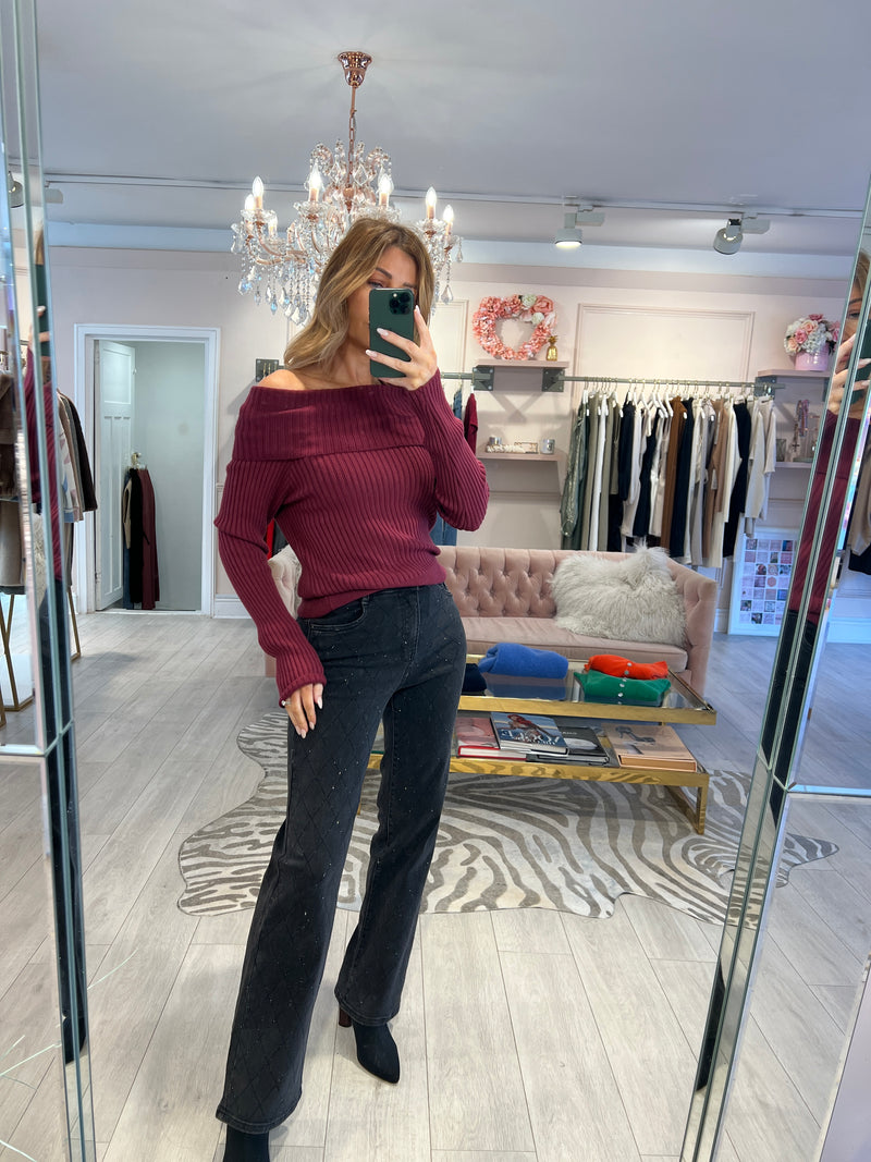 PETRA OFF SHOULDER KNIT TOP BURGUNDY