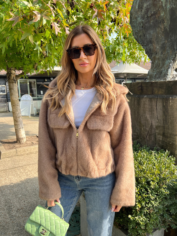 CHAMONIX FAUX FUR HOODED BOMBER TAUPE