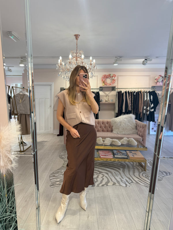 SOPHIE SATIN MIDI SKIRT CHOCOLATE