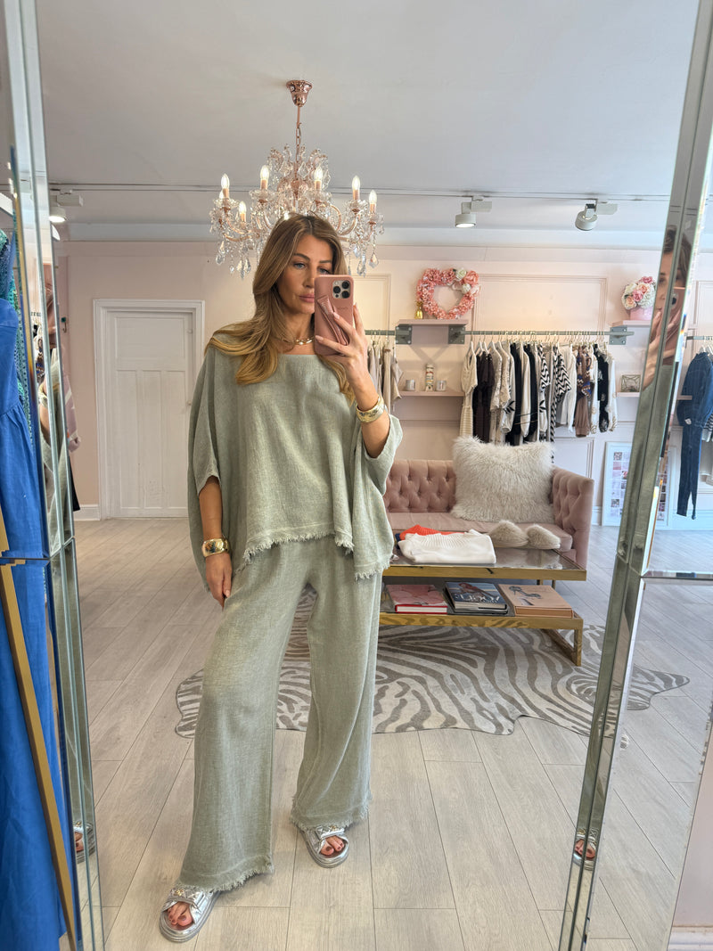 LIANA RAW HEM LINEN TROUSER SET KHAKI