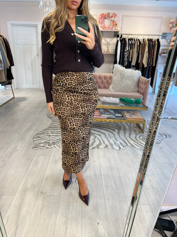 JUNO RUCHED LEOPARD MIDI SKIRT